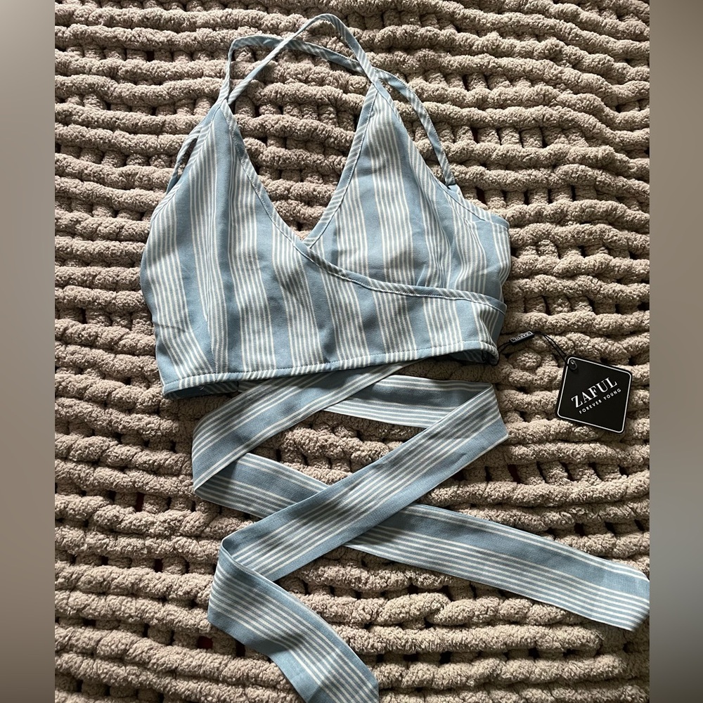 Zaful Blue and White Striped Tie Top NWT